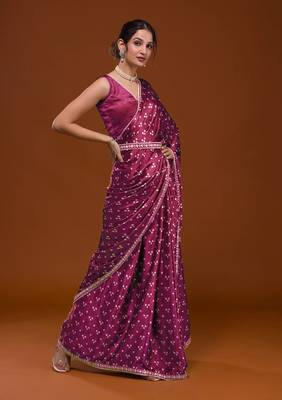 Bandhani Print Satin Fabric Saree with Embroidery Sequins Work Lace and Blouse With Waist Belt 5