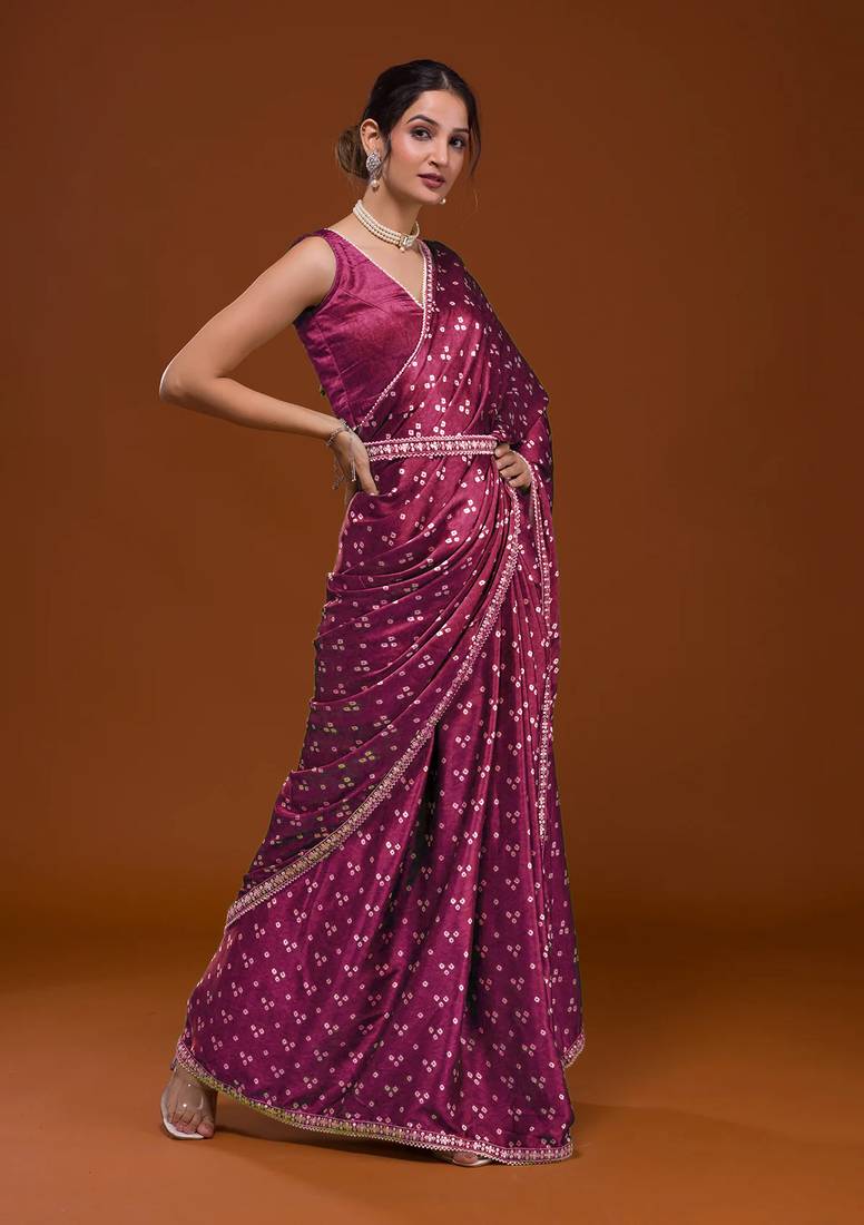Bandhani Print Satin Fabric Saree with Embroidery Sequins Work Lace and Blouse With Waist Belt