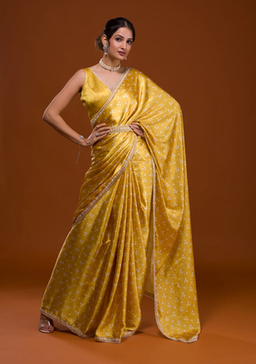 Bandhani Print Satin Fabric Saree with Embroidery Sequins Work Lace and Blouse With Waist Belt 1