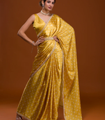 Bandhani Print Satin Fabric Saree with Embroidery Sequins Work Lace and Blouse With Waist Belt