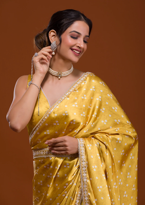 Bandhani Print Satin Fabric Saree with Embroidery Sequins Work Lace and Blouse With Waist Belt 3
