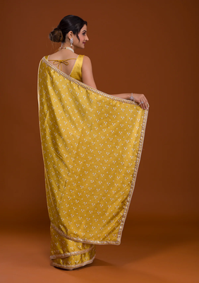 Bandhani Print Satin Fabric Saree with Embroidery Sequins Work Lace and Blouse With Waist Belt 4