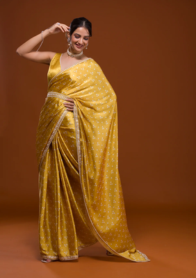 Bandhani Print Satin Fabric Saree with Embroidery Sequins Work Lace and Blouse With Waist Belt 5