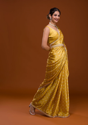 Bandhani Print Satin Fabric Saree with Embroidery Sequins Work Lace and Blouse With Waist Belt 6