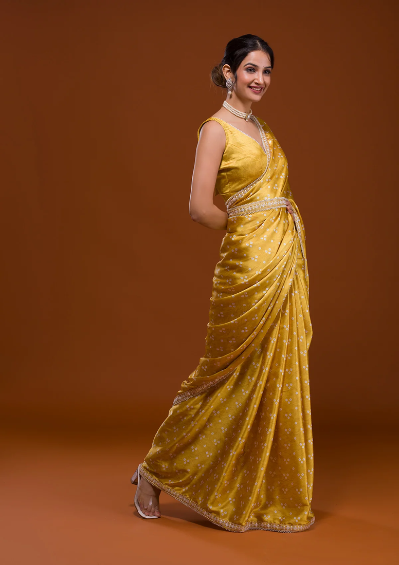 Bandhani Print Satin Fabric Saree with Embroidery Sequins Work Lace and Blouse With Waist Belt