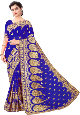 Royal Blue Georgette Embriodered Saree With Blouse Piece. 1
