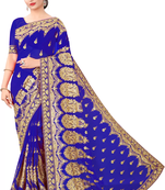Royal Blue Georgette Embriodered Saree With Blouse Piece.