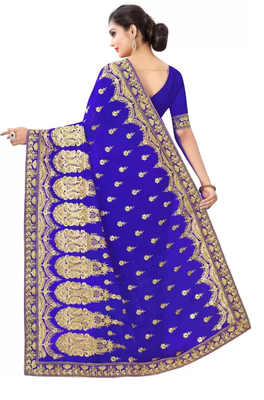 Royal Blue Georgette Embriodered Saree With Blouse Piece. 2