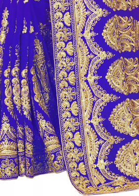 Royal Blue Georgette Embriodered Saree With Blouse Piece. 3