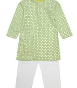 Green printed blended cotton boys-kurta-pyjama