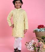 Yellow printed blended cotton boys-kurta-pyjama