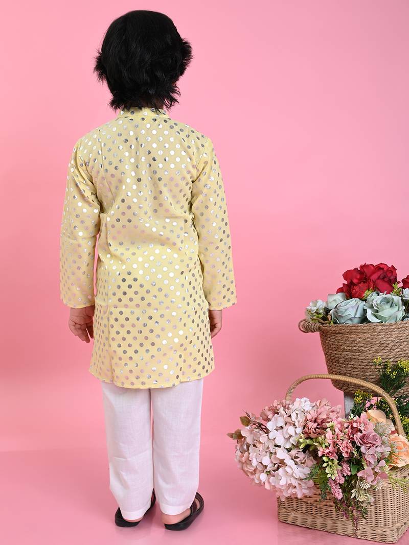 Yellow printed blended cotton boys-kurta-pyjama