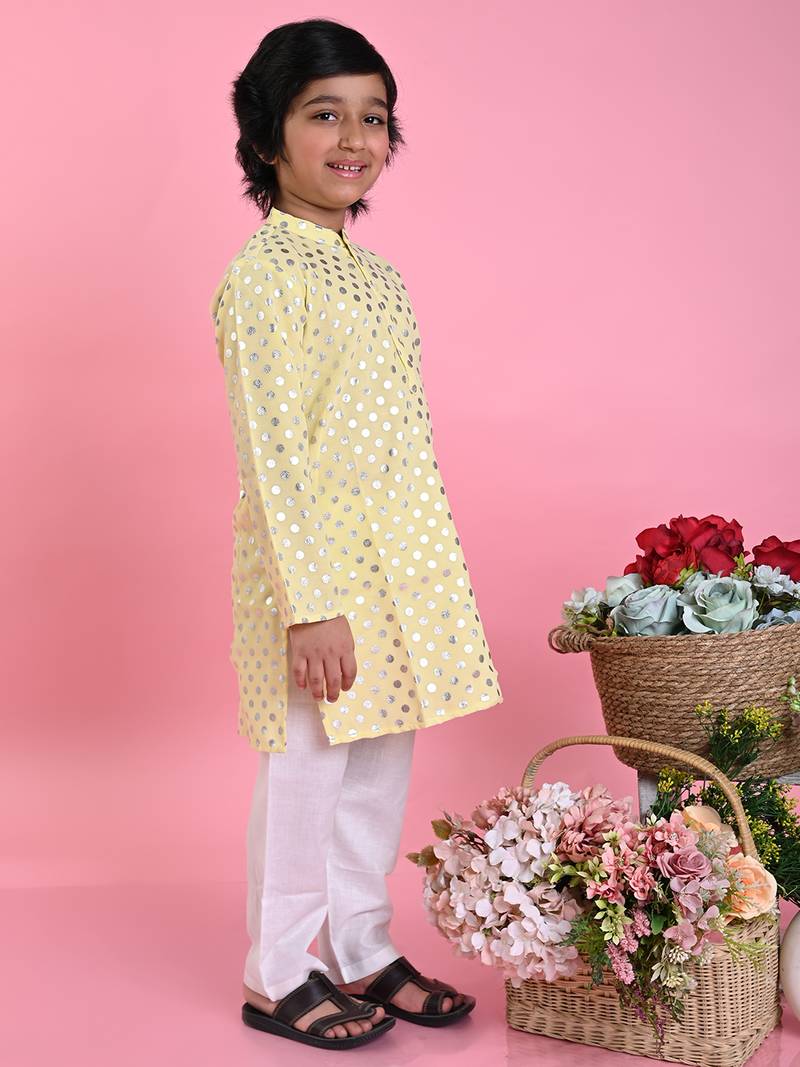 Yellow printed blended cotton boys-kurta-pyjama
