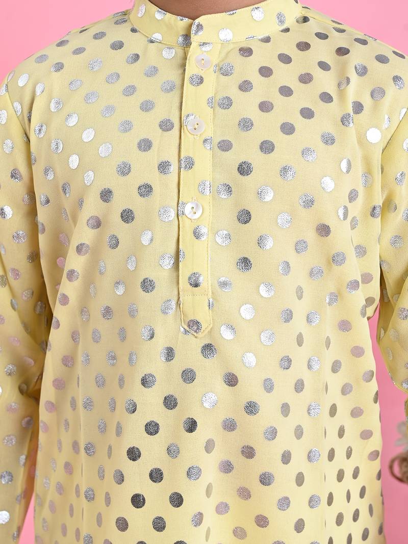 Yellow printed blended cotton boys-kurta-pyjama