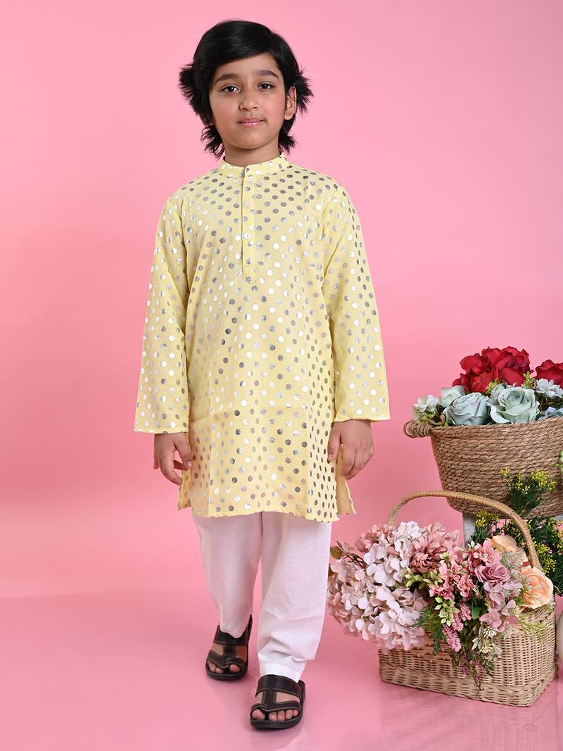 Yellow printed blended cotton boys-kurta-pyjama