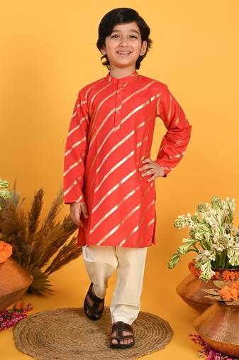 Red printed blended cotton boys-kurta-pyjama