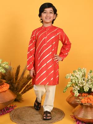 Red printed blended cotton boys-kurta-pyjama 1