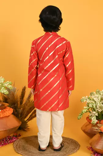 Red printed blended cotton boys-kurta-pyjama