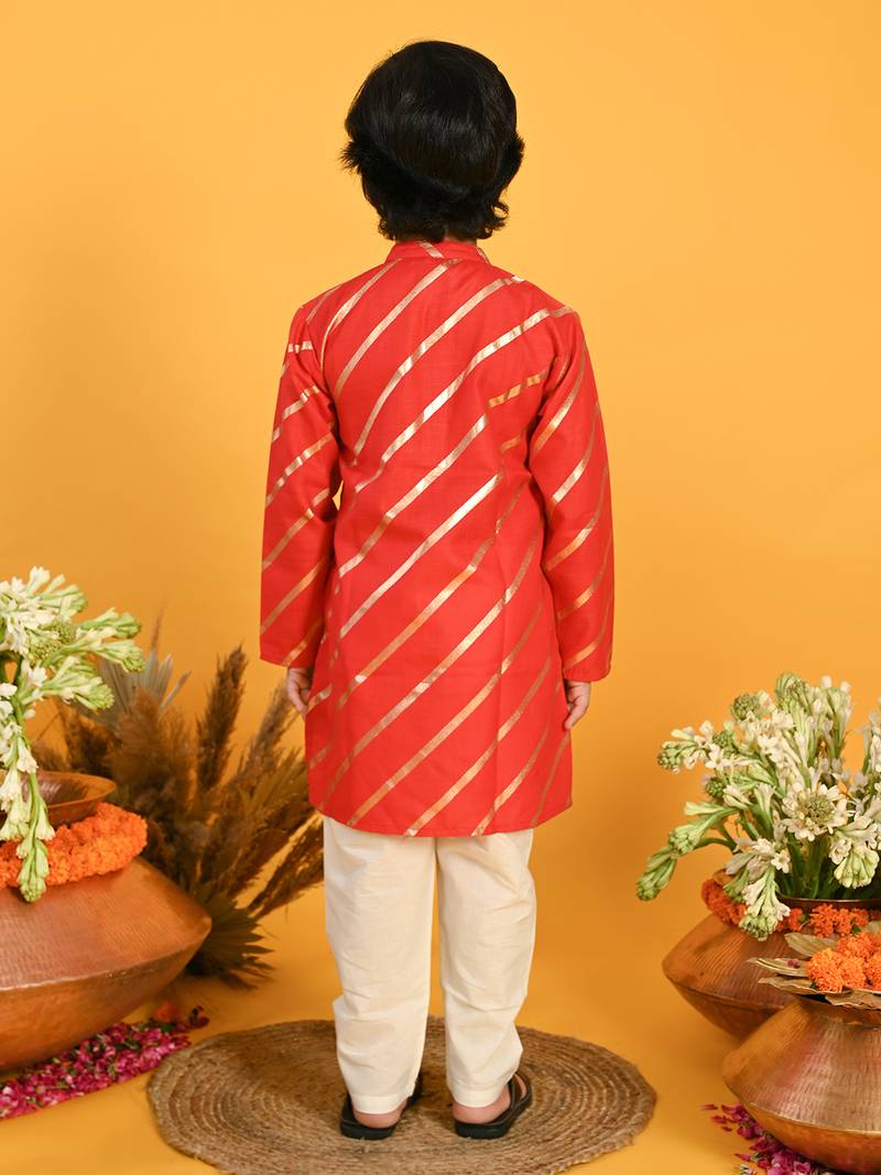Red printed blended cotton boys-kurta-pyjama