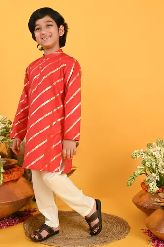 Red printed blended cotton boys-kurta-pyjama