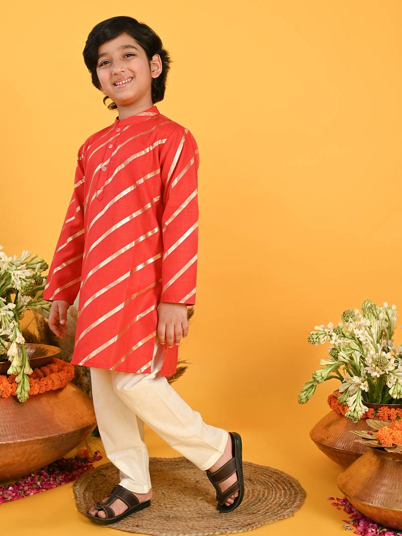 Red printed blended cotton boys-kurta-pyjama