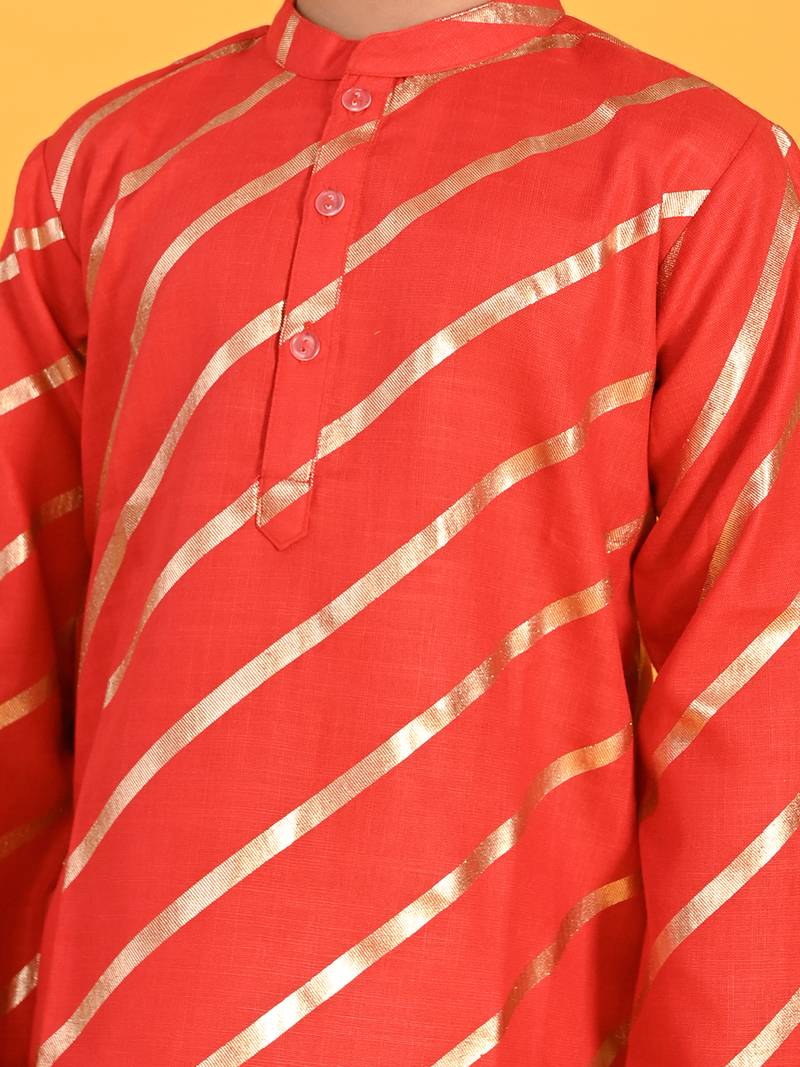 Red printed blended cotton boys-kurta-pyjama