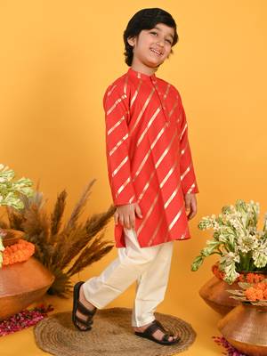 Red printed blended cotton boys-kurta-pyjama 5