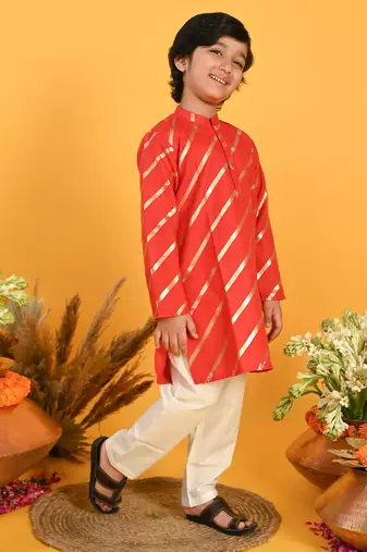 Red printed blended cotton boys-kurta-pyjama