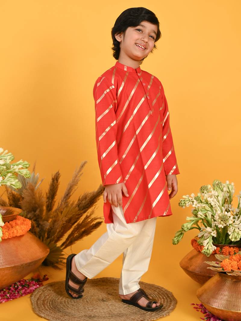 Red printed blended cotton boys-kurta-pyjama