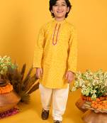 Yellow printed blended cotton boys-kurta-pyjama