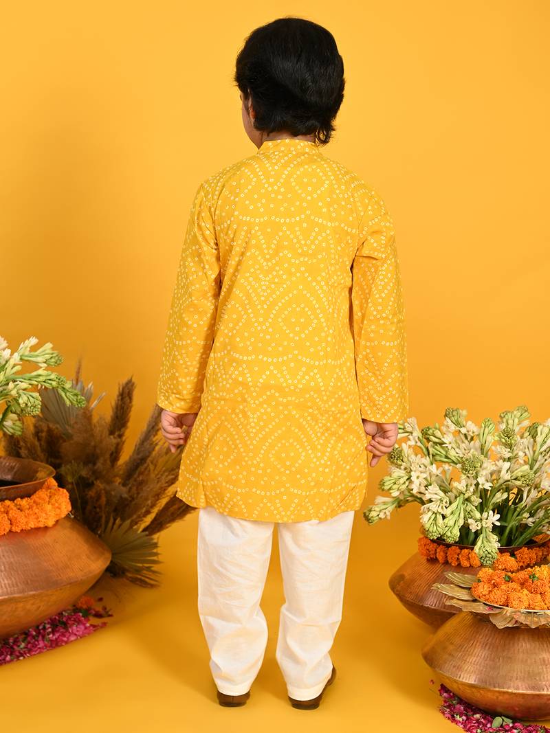 Yellow printed blended cotton boys-kurta-pyjama