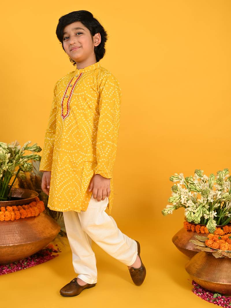 Yellow printed blended cotton boys-kurta-pyjama