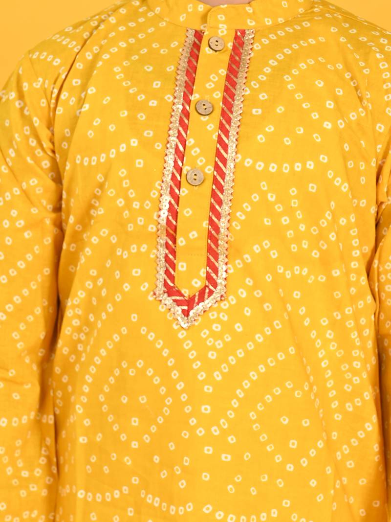 Yellow printed blended cotton boys-kurta-pyjama