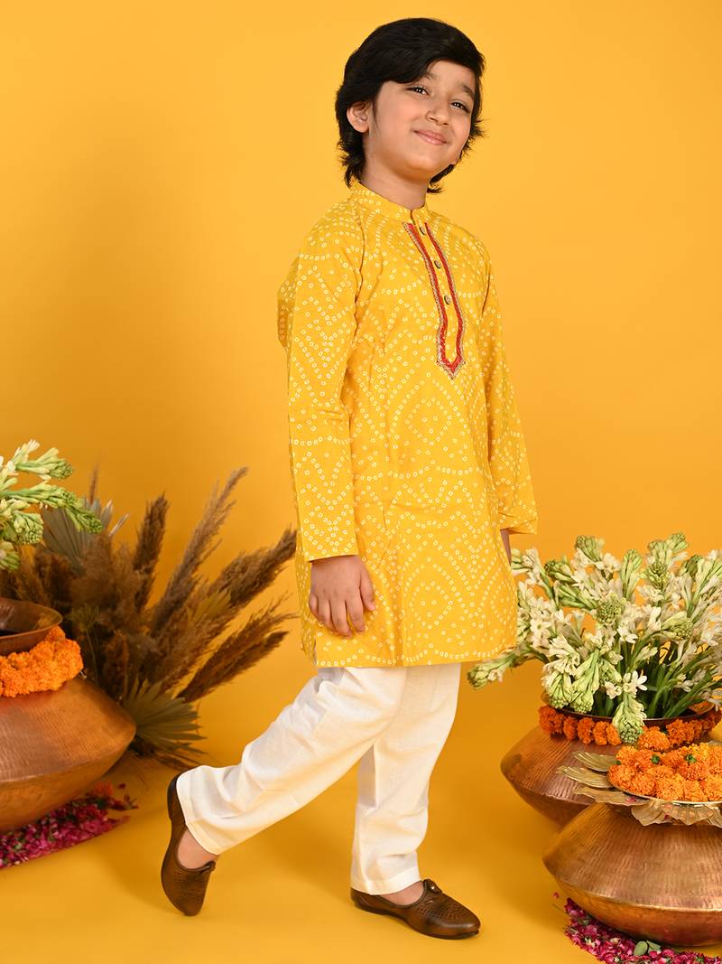 Yellow printed blended cotton boys-kurta-pyjama