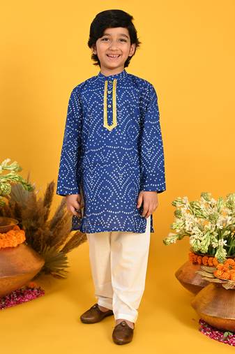 Blue printed blended cotton boys-kurta-pyjama