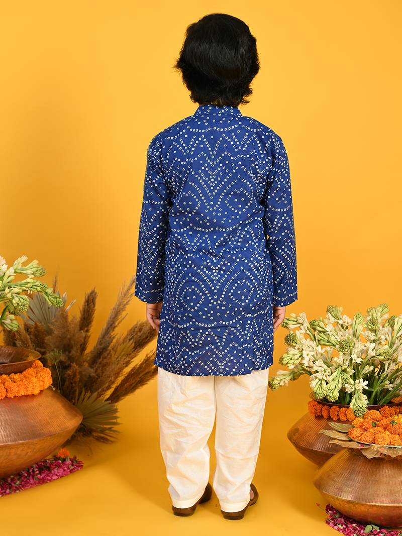 Blue printed blended cotton boys-kurta-pyjama