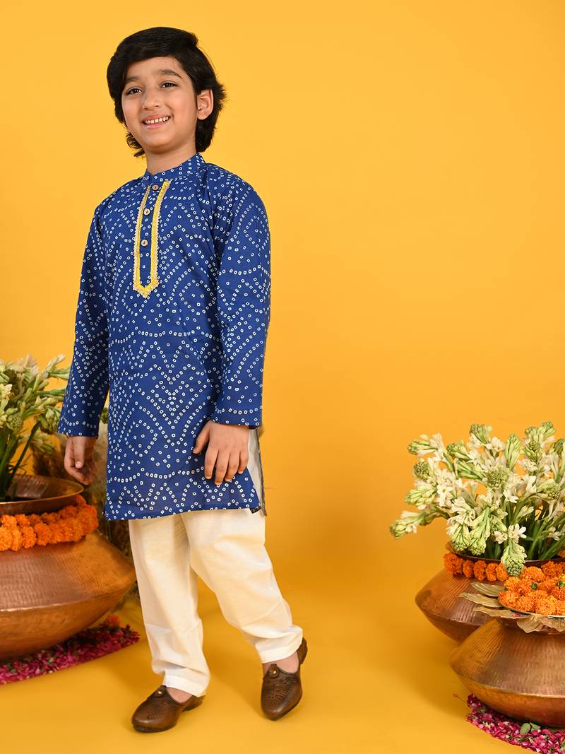 Blue printed blended cotton boys-kurta-pyjama