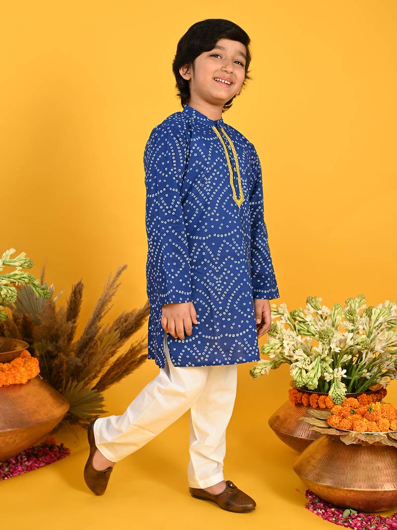 Blue printed blended cotton boys-kurta-pyjama