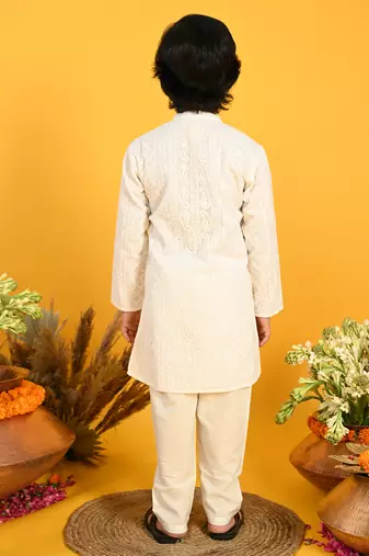 White embroidered blended cotton boys-kurta-pyjama