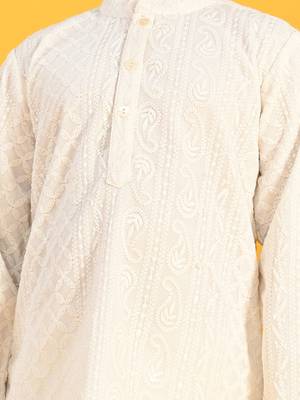 White embroidered blended cotton boys-kurta-pyjama 4