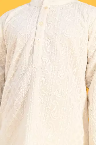 White embroidered blended cotton boys-kurta-pyjama