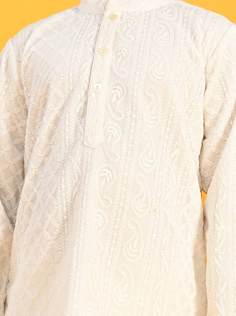 White embroidered blended cotton boys-kurta-pyjama