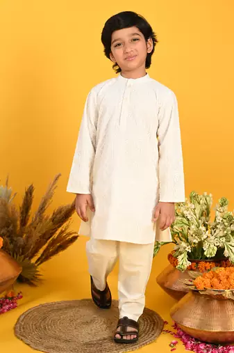 White embroidered blended cotton boys-kurta-pyjama
