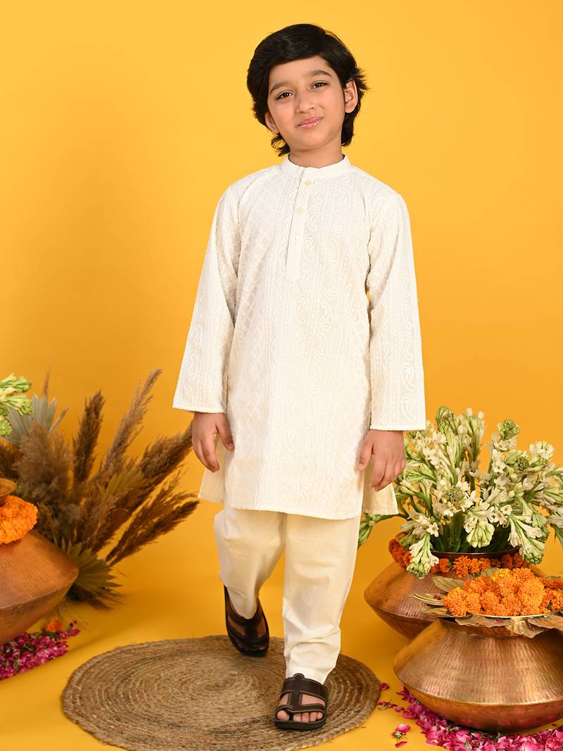 White embroidered blended cotton boys-kurta-pyjama