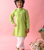 Green plain blended cotton boys-kurta-pyjama