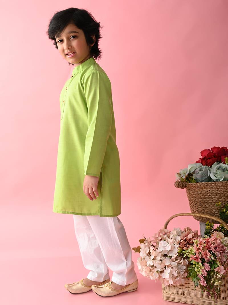 Green plain blended cotton boys-kurta-pyjama