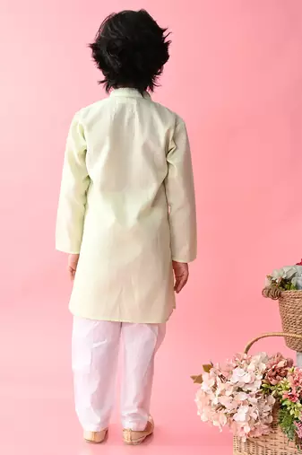 Green plain blended cotton boys-kurta-pyjama