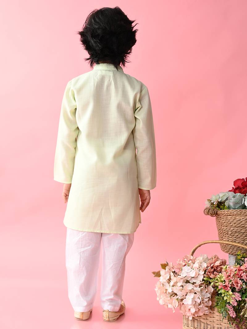 Green plain blended cotton boys-kurta-pyjama