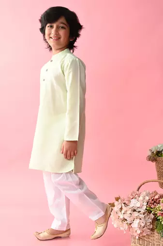 Green plain blended cotton boys-kurta-pyjama
