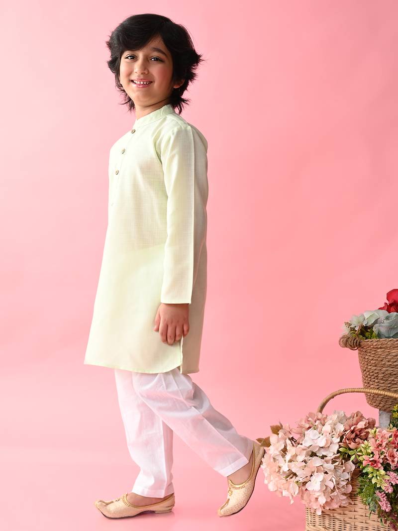 Green plain blended cotton boys-kurta-pyjama